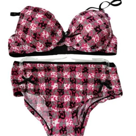 Inteco Intimates Other - Inteco Intimates 36B 5 Padded Bra Panty Set Pink Black Adjustable Leopard Plaid